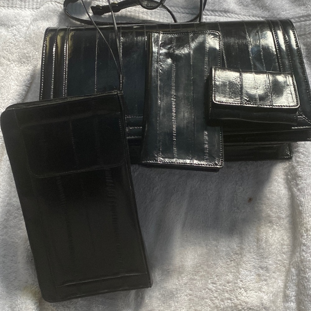New Vintage 4 pieces Eel Skin, Shoulder bag, check book, wrist bag and key case